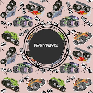 May include: A repeating pattern of cartoon monster trucks in various colors, including green, orange, and blue, with large tires and checkered flags on a light pink background. The text "PixelAndPulseCo." is in a black circle.