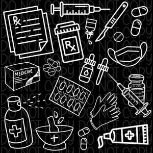 Puede incluir: Ilustraciones en l&iacute;nea blanca de suministros y herramientas m&eacute;dicas sobre un fondo negro. Incluye una receta, un frasco de medicina, pastillas, una jeringa, un bistur&iacute;, una mascarilla, guantes y un frasco de vacuna.