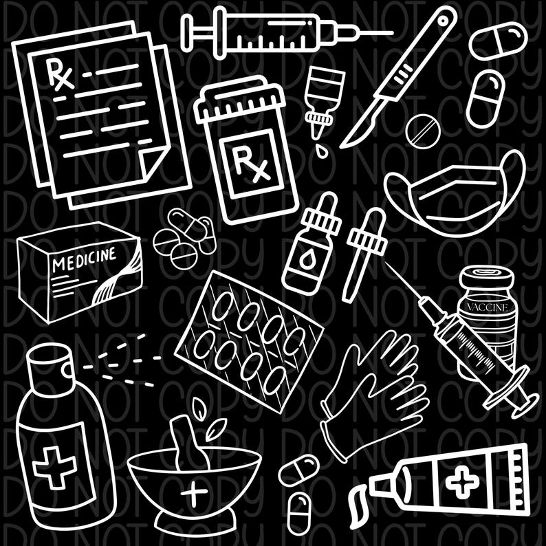 Puede incluir: Ilustraciones en l&iacute;nea blanca de suministros y herramientas m&eacute;dicas sobre un fondo negro. Incluye una receta, un frasco de medicina, pastillas, una jeringa, un bistur&iacute;, una mascarilla, guantes y un frasco de vacuna.