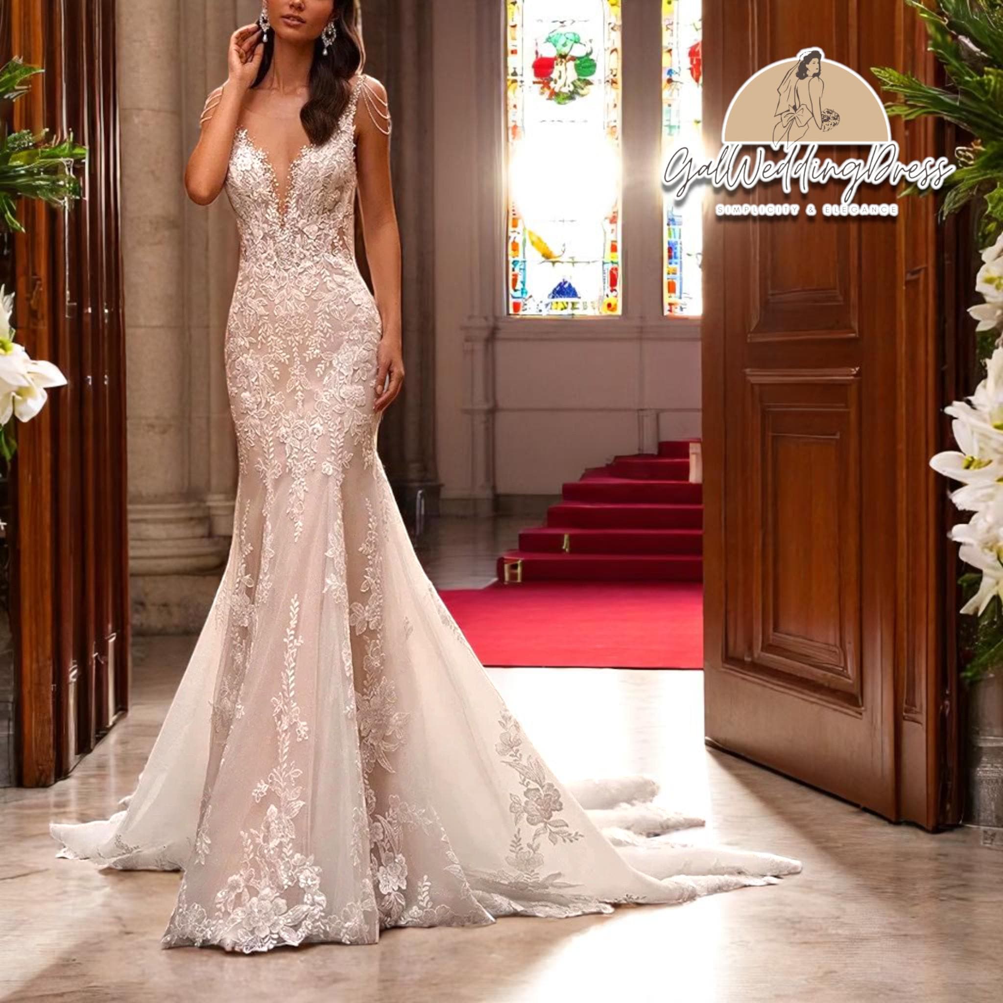 Encaje Vestidos Pegados Con Cola Atras Largo Atras Vestidos De