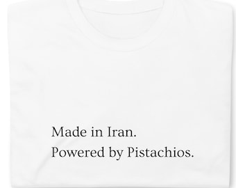 Camiseta de algodão de manga curta com estampa divertida, feita no Irã e movida a pistache.