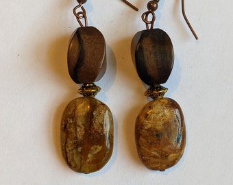 Jasper Stone Earrings, Brown with Mahogany Wood Beads