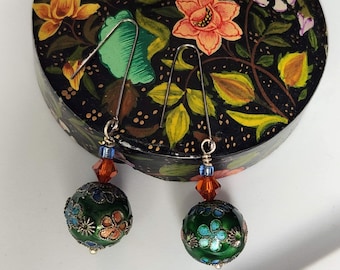 Enamel Floral Bead Dangle Earrings, Blue and Orange/Red Flowers with a Swarovski Bead