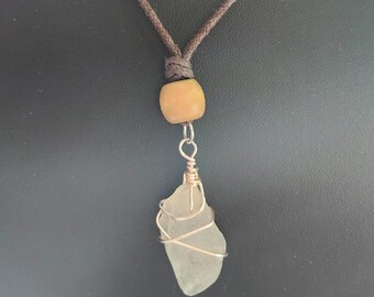 New England Sea Glass Necklace, Rose Wire Wrapped, Leather Cord