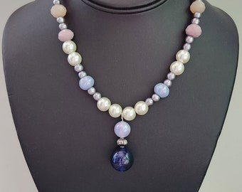 Purple Glass Pendant Necklace: White Pearls, Princess Style