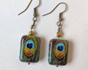 Peacock Bead Earrings, Ceramic Bead with small gold bead on top, Gift