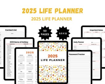 May include: A digital planner for 2025 with a floral design. The planner includes pages for contact lists, daily planning, password tracking, important notes, and a calendar. The planner is 8.5 inches by 11 inches and has 50 pages.