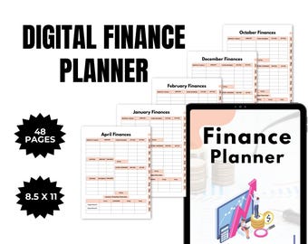 May include: A digital finance planner with 48 pages, measuring 8.5 by 11 inches. The planner includes monthly budget sheets for January, February, April, December, and October. The cover image features a tablet with a pink and white background, the text "Finance Planner", and an illustration of a person holding a magnifying glass over a stack of coins.
