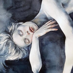 May include: A watercolor painting depicting a pale figure with light hair resting against a dark, moody background. The figure has closed eyes and red lips, with one arm bent near the face and the other extended outward, rendered in shades of blue, gray, and white.