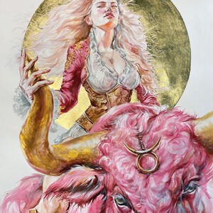 Zodiac Art: Taurus. Pink Bull Woman Warrior Luxury Gold Foil Hand-Made Art Print