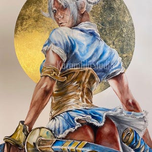 K&ouml;nnte beinhalten: Ein Gem&auml;lde einer Figur mit wei&szlig;em Haar in Knoten, bekleidet mit einem blau-wei&szlig;en Outfit und einem goldenen Korsett. Die Figur h&auml;lt ein blaues Schwert mit goldenen Akzenten. Ein gro&szlig;er goldener Kreis im Hintergrund tr&auml;gt den Text KaramfilaStudio.