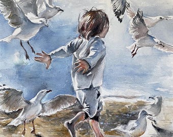 May include: A watercolor painting depicting a child with brown hair wearing a light-colored shirt and shorts, walking barefoot on a sandy beach while surrounded by a flock of white and grey seagulls with black-tipped wings in flight and on the ground.
