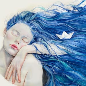 May include: A painting of a figure with pale skin and closed eyes, resting their head on an arm. The figure has long, flowing hair in shades of deep blue, turquoise, and navy. A small, white paper boat rests within the waves of the hair.