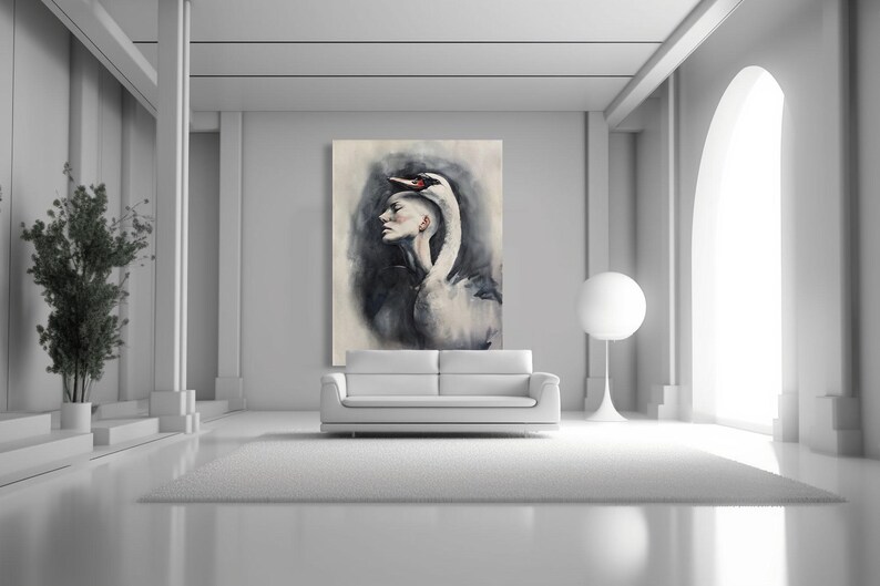 May include: A large rectangular wall art print featuring a surrealist painting of a human profile merging with the neck and head of a white swan. The artwork uses a monochromatic palette of black, white, and gray tones with soft, blended brushstrokes.