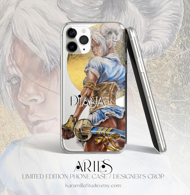 May include: A clear phone case featuring a detailed illustration of a character with white hair, a blue top, and a gold corset, holding a sword. The design includes a gold circular background and the text Diana. The case has a triple camera cutout.
