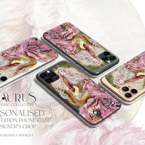 May include: Three clear phone cases featuring a Taurus zodiac illustration with pink and gold tones. The text reads TAURUS ZODIAC COLLECTION, PERSONALISED LIMITED EDITION PHONE CASE DESIGNER'S CROP, by KARAMFILA SIDEROVA, and the name AGATHA.