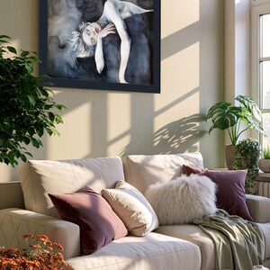 May include: A framed rectangular wall art piece featuring a watercolor painting of a reclining figure with pale skin and light hair, set against a dark, moody, abstract background of deep blues, grays, and blacks, enclosed in a dark frame.