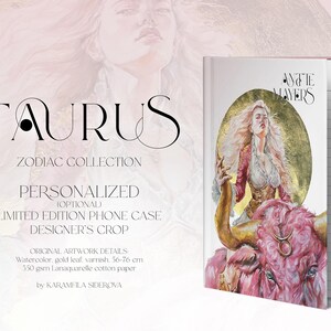 May include: A notebook featuring a Taurus zodiac illustration on the cover. The artwork depicts a person with long hair riding a pink bull with large horns, set against a gold circular background. The text reads TAURUS ZODIAC COLLECTION.