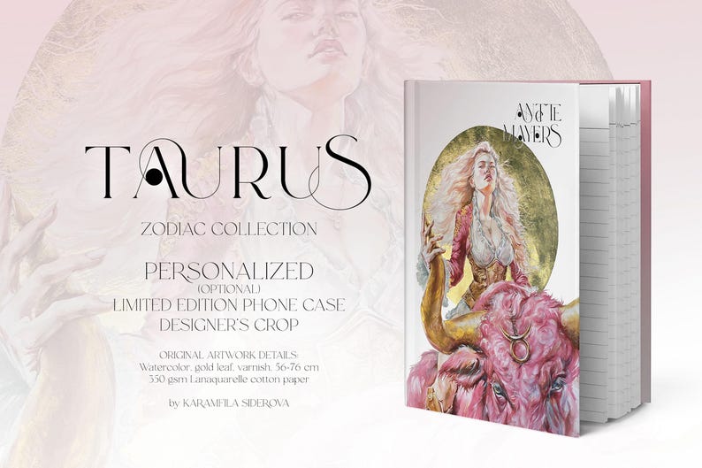 May include: A notebook featuring a Taurus zodiac illustration on the cover. The artwork depicts a person with long hair riding a pink bull with large horns, set against a gold circular background. The text reads TAURUS ZODIAC COLLECTION.