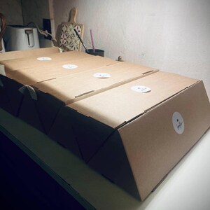 May include: Three rectangular brown cardboard boxes arranged in a row. Each box features a smooth, matte finish and a white circular sticker on the top and side surfaces. The boxes are constructed from folded paperboard with clean, sharp edges.