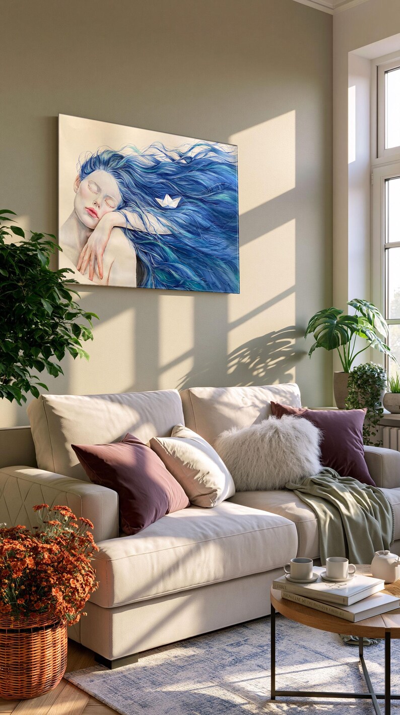 May include: A rectangular wall art print featuring a painting of a person with long, flowing blue hair and closed eyes, resting their head on an arm. A small white paper boat is nestled within the hair. The artwork is displayed in a living room setting.