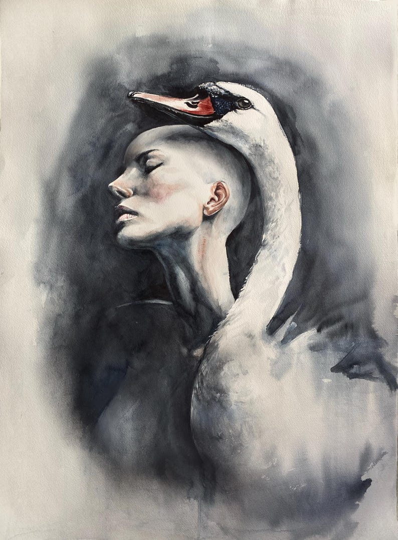 May include: A watercolor painting depicting a profile view of a bald individual with closed eyes, positioned alongside a white swan. The swan's long neck curves gracefully over the head of the individual, set against a dark, smoky gray background.