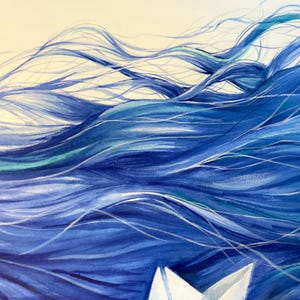 May include: A painting featuring flowing, wavy strands of deep blue, navy, and turquoise hair that ripple across the frame. A small, white paper boat is visible at the bottom, contrasting against the vibrant, fluid blue tones of the artwork.