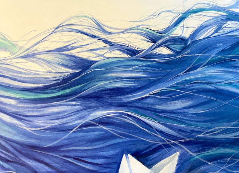 May include: A painting featuring flowing, wavy strands of deep blue, navy, and turquoise hair that ripple across the frame. A small, white paper boat is visible at the bottom, contrasting against the vibrant, fluid blue tones of the artwork.