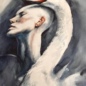 May include: A watercolor painting depicting a profile view of a bald figure with closed eyes, positioned next to the long, curved neck of a white swan. The swan's head rests atop the figure's head, featuring a bright orange beak and black accents.