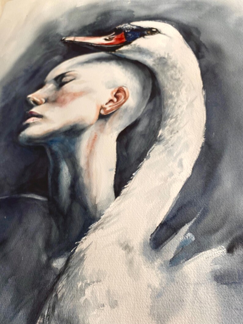 May include: A watercolor painting depicting a profile view of a bald figure with closed eyes, positioned next to the long, curved neck of a white swan. The swan's head rests atop the figure's head, featuring a bright orange beak and black accents.