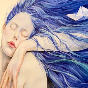 May include: A watercolor painting depicting a person with long, flowing blue hair resting their head on their arm. A small white paper boat is nestled within the strands of hair. The person has closed eyes and pale skin, with soft pink lips.