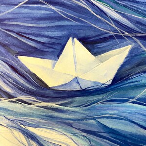 May include: A white paper boat floating on stylized, turbulent water painted in various shades of deep blue, navy, and light blue. The water features flowing, wavy brushstrokes that create a sense of movement around the central paper vessel.