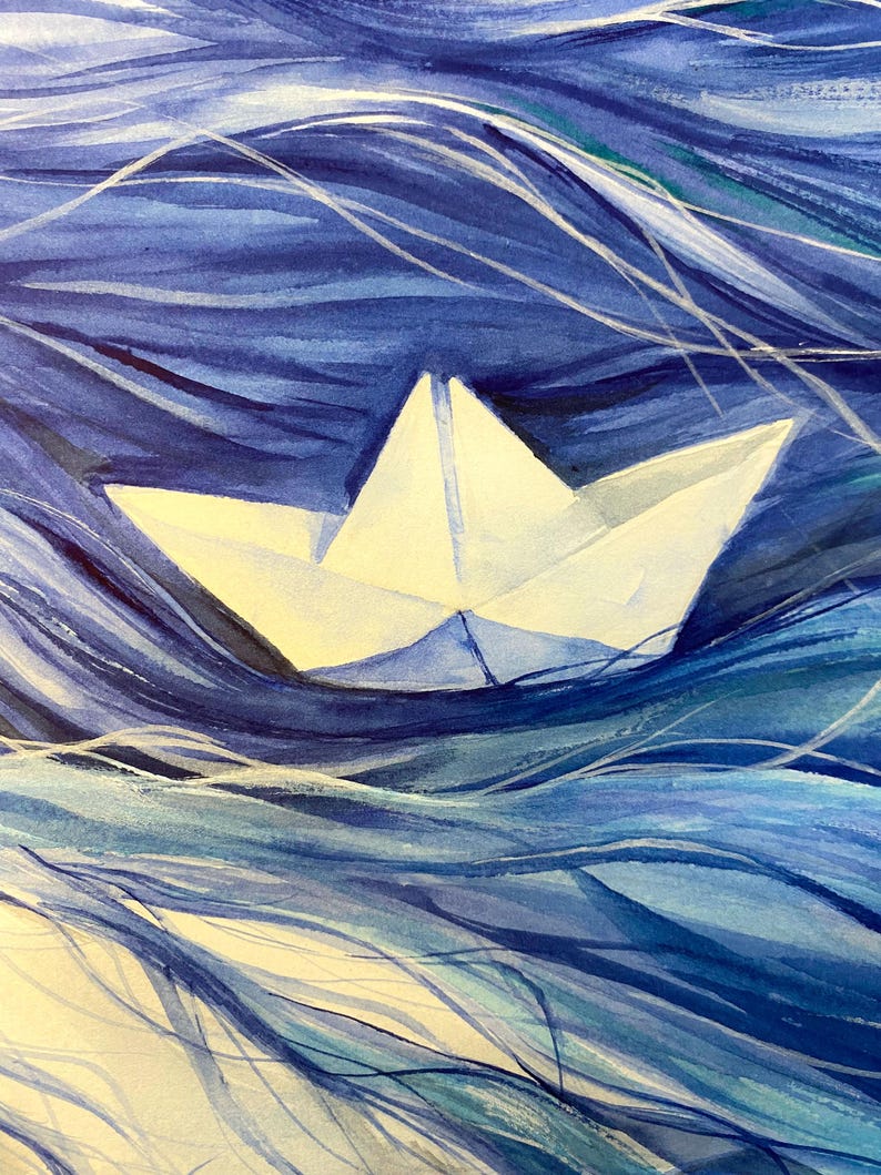 May include: A white paper boat floating on stylized, turbulent water painted in various shades of deep blue, navy, and light blue. The water features flowing, wavy brushstrokes that create a sense of movement around the central paper vessel.
