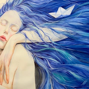 May include: A painting of a person with closed eyes and long, flowing blue hair that transitions into deep shades of indigo and teal. A small, white paper boat rests within the strands of hair. The person has pale skin and rests their head on an arm.