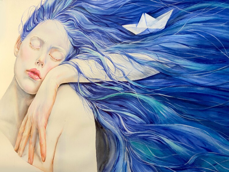 May include: A painting of a person with closed eyes and long, flowing blue hair that transitions into deep shades of indigo and teal. A small, white paper boat rests within the strands of hair. The person has pale skin and rests their head on an arm.