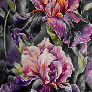Dark Moody Iris Watercolor Painting: Baroque Floral Wall Art Decor