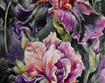 Dark Moody Iris Watercolor Painting: Baroque Floral Wall Art Decor