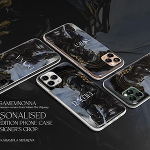 May include: Four clear phone cases featuring a dark, artistic illustration of a warrior figure in golden armor. Each case displays a unique name in white serif font: DANI, LEY, RACHEL, and LENA. The cases have a triple-lens camera cutout.