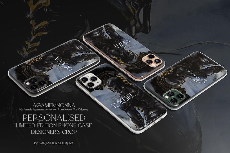 May include: Four clear phone cases featuring a dark, artistic illustration of a warrior figure in golden armor. Each case displays a unique name in white serif font: DANI, LEY, RACHEL, and LENA. The cases have a triple-lens camera cutout.