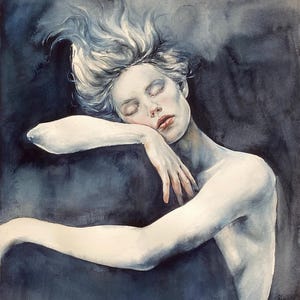May include: A watercolor painting depicting a figure with pale skin and closed eyes resting their head on their arm. The figure has flowing, light-colored hair against a dark, moody, charcoal-blue background with soft, blended edges and shadows.