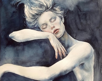 May include: A watercolor painting depicting a figure with pale skin and closed eyes resting their head on their arm. The figure has flowing, light-colored hair against a dark, moody, charcoal-blue background with soft, blended edges and shadows.