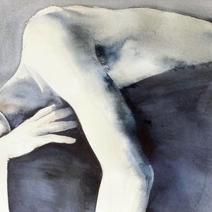 May include: A watercolor painting depicting a reclining figure in shades of cool blue, gray, and black. The artwork features soft, blended washes of color, highlighting the contours of the body with deep shadows and pale, translucent skin tones.