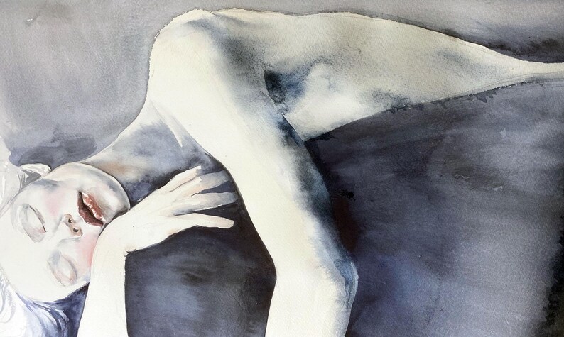 May include: A watercolor painting depicting a reclining figure in shades of cool blue, gray, and black. The artwork features soft, blended washes of color, highlighting the contours of the body with deep shadows and pale, translucent skin tones.