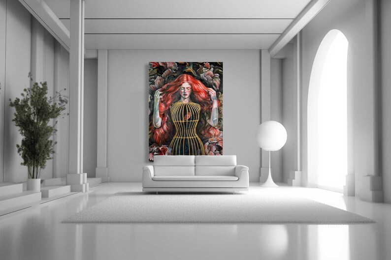 Op de afbeelding: Een rechthoekige wandkunstprint met een persoon met lang, golvend rood haar, gekleed in een goudkleurig kooivormig lijfje, omringd door donkere, textuurrijke florale elementen. Het kunstwerk hangt aan een muur boven een witte bank.