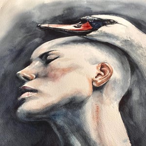 May include: A watercolor painting depicting the profile of a person with a shaved head, eyes closed, and a serene expression. A white swan with a black and orange beak curves gracefully over the top of the head, blending into a dark, moody background.