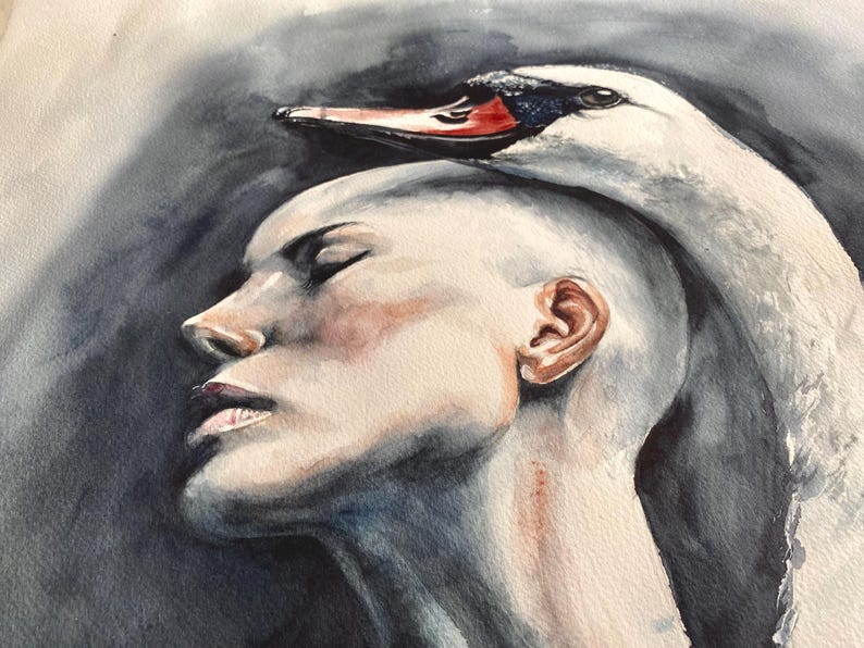 May include: A watercolor painting depicting the profile of a person with a shaved head, eyes closed, and a serene expression. A white swan with a black and orange beak curves gracefully over the top of the head, blending into a dark, moody background.
