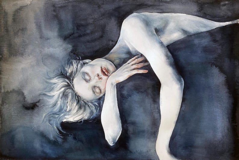 May include: A watercolor painting depicting a pale figure with light hair resting against a dark, moody background. The figure has closed eyes and red lips, with one arm bent near the face and the other extended outward, rendered in shades of blue, gray, and white.