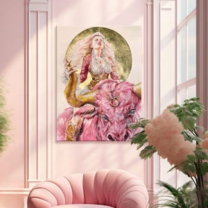 Puede incluir: Una impresi&oacute;n de arte mural rectangular que muestra una figura rubia de pelo largo montando un gran toro rosa. El toro tiene cuernos dorados y un s&iacute;mbolo de Tauro en la frente. El fondo es un disco dorado circular colgado en la pared.