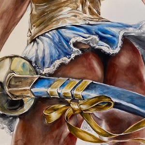 K&ouml;nnte beinhalten: Ein Aquarellgem&auml;lde, das eine Figur von hinten zeigt, bekleidet mit einem goldenen Mieder und einem kurzen blau-wei&szlig;en R&uuml;schenrock. Die Figur h&auml;lt ein blau-goldenes Schwert mit einer goldenen Schleife an der Scheide, ein zweiter Schwertgriff ist sichtbar.