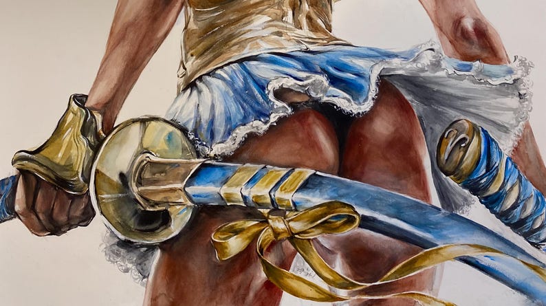 K&ouml;nnte beinhalten: Ein Aquarellgem&auml;lde, das eine Figur von hinten zeigt, bekleidet mit einem goldenen Mieder und einem kurzen blau-wei&szlig;en R&uuml;schenrock. Die Figur h&auml;lt ein blau-goldenes Schwert mit einer goldenen Schleife an der Scheide, ein zweiter Schwertgriff ist sichtbar.